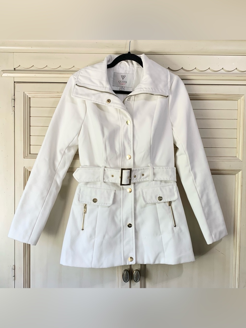 GUESS White Belted Pea Coat Women’s Size Small
